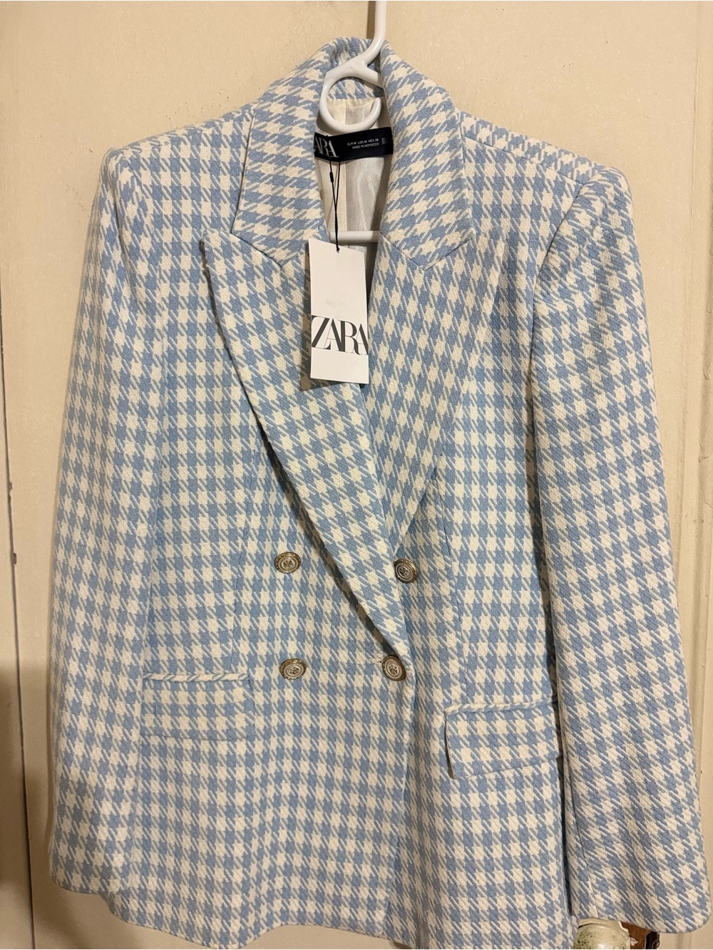 Ara Light Blue & White Houndstooth Double-Breasted Blazer